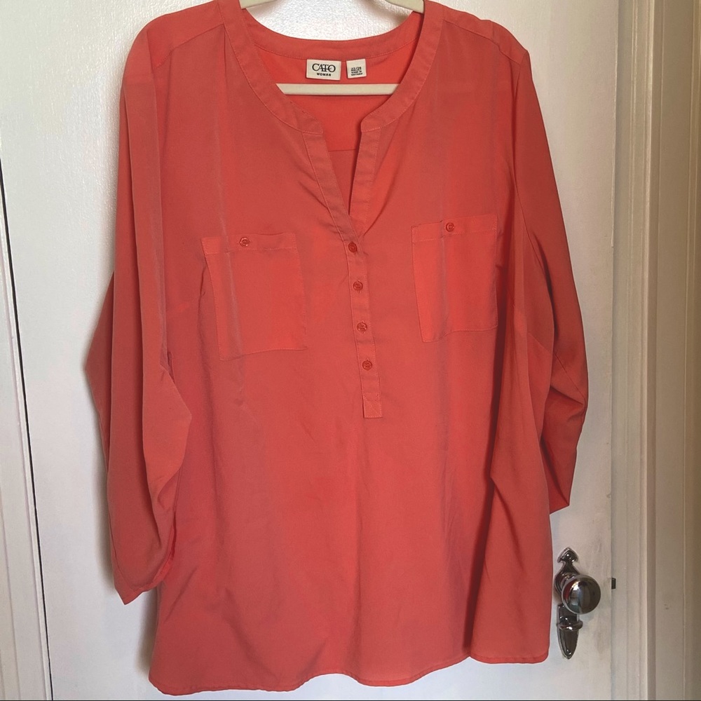 Coral Half-button down Top with roll sleeves
